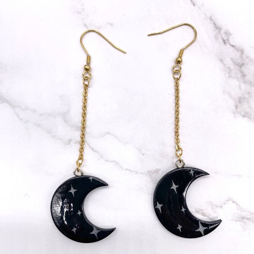 Black and White moon wire hook dangle earrings